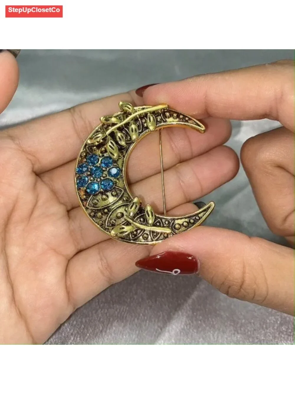 Vintage Moon Brooch Pin Blue Rhinestone Leaf Lapel Pin Clothing Shirt Suit Coat